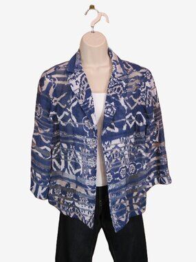 Multiples Denim Blue/Tan/White Burnout Top/Jacket Open Sheer Size Medium